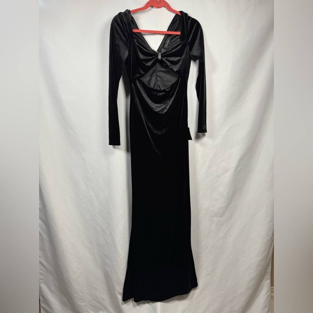 Lulus Long Sleeve Open Bow Front Evening Gown Black S